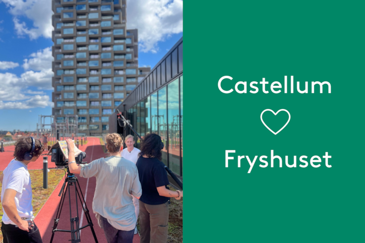 Bild över filminspelningen av Fryshuset, tillsammans med texten "Castellum hjärta Fryshuset"